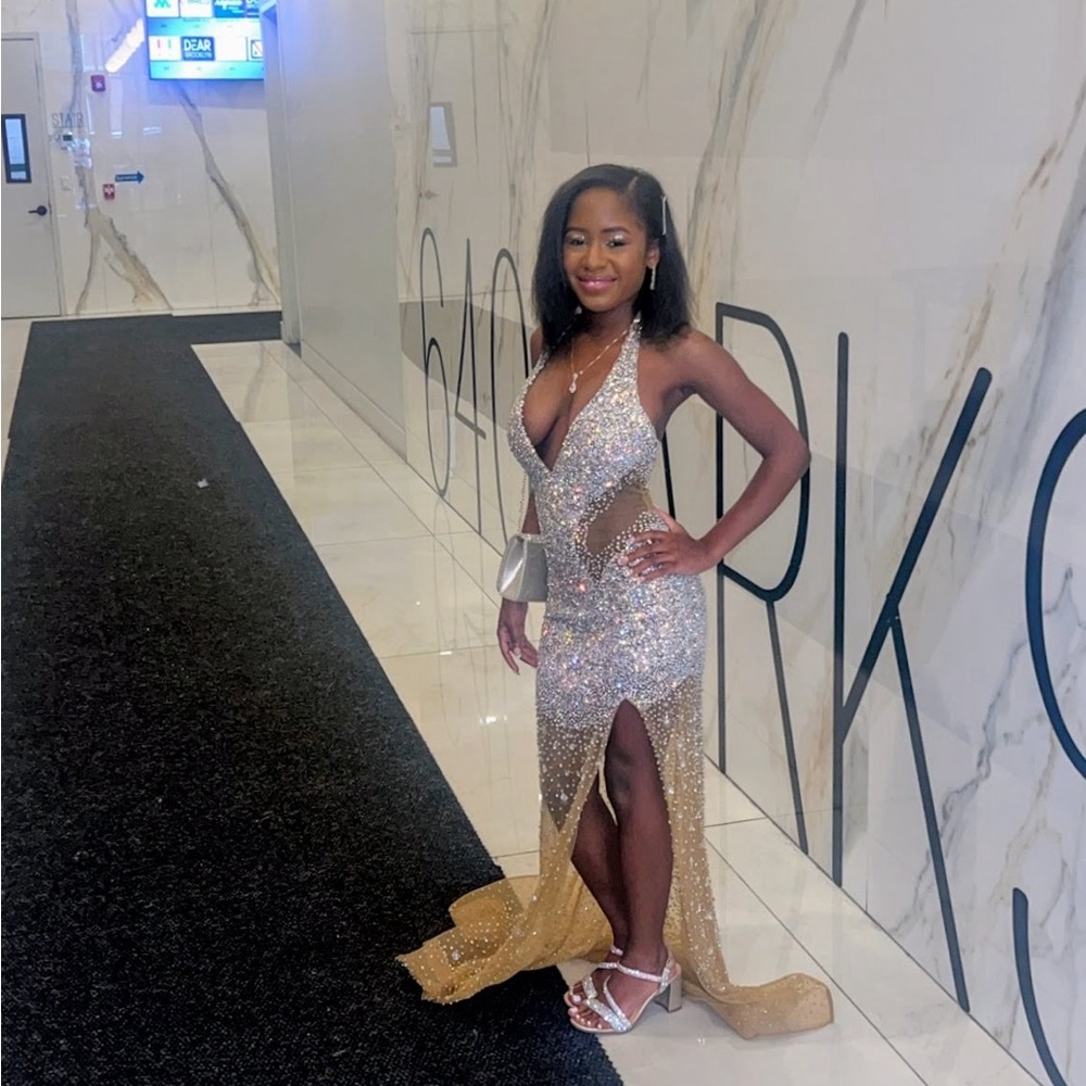 Silver Sequin Plunge Gown with Slit